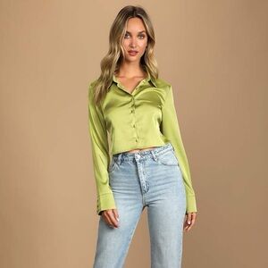 Lulus Welcome Back Light Green Satin Tie-Back Button-Up Crop Top, Small, NWT